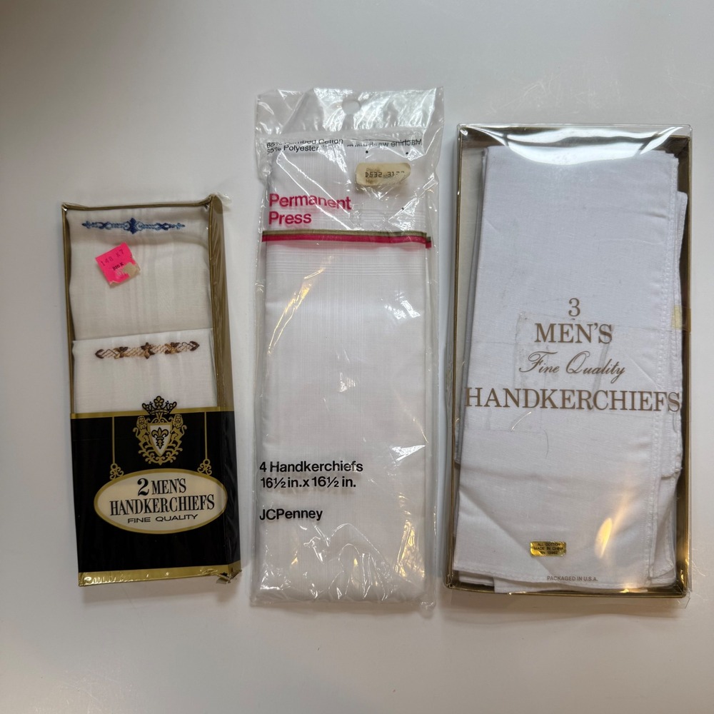 Vintage Men's Handkerchiefs Lot of 9 NOS JCPenney Embroidered White Hankies 16.5